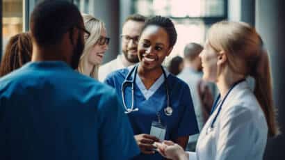 Image of a healthcare professional in blue scrubs with a stethoscope, writing notes on a clipboard while standing in a bright medical setting.