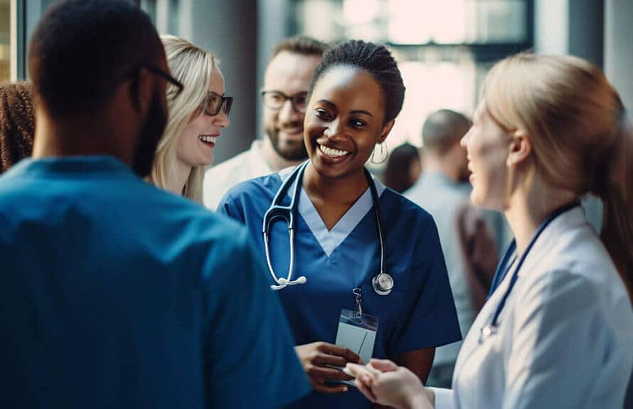 Image of a healthcare professional in blue scrubs with a stethoscope, writing notes on a clipboard while standing in a bright medical setting.