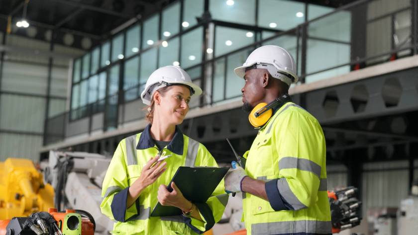 Image of two industrial workers wearing safety helmets and high-visibility jackets discussing a task with a clipboard inside a modern manufacturing facility.