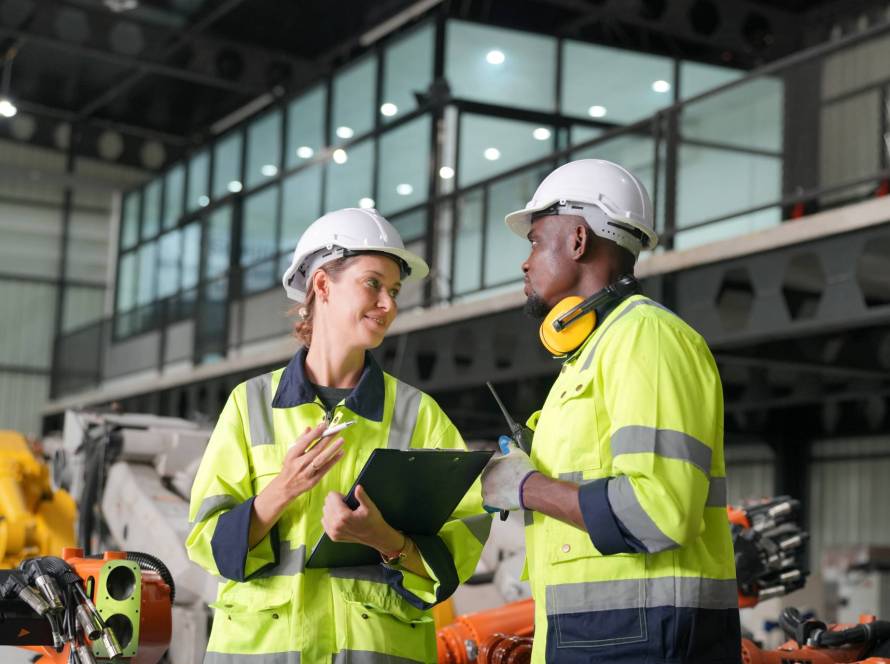 Image of two industrial workers wearing safety helmets and high-visibility jackets discussing a task with a clipboard inside a modern manufacturing facility.