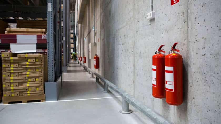 Image of Fire extinguishers in the warehouse demonstrating fire safety