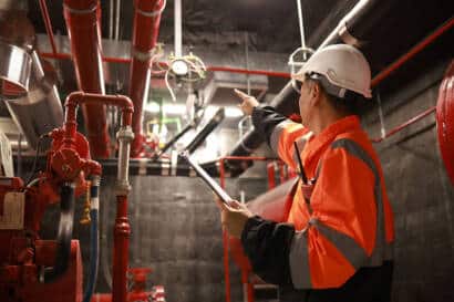Image of engineer inspecting the safety equipment on the fire extinguishing system.