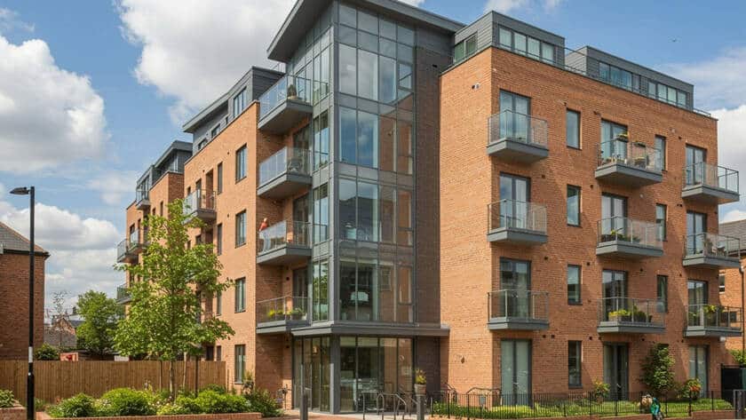 Image of a modern brick apartment building with large glass windows, multiple balconies, and landscaped greenery along a quiet street.