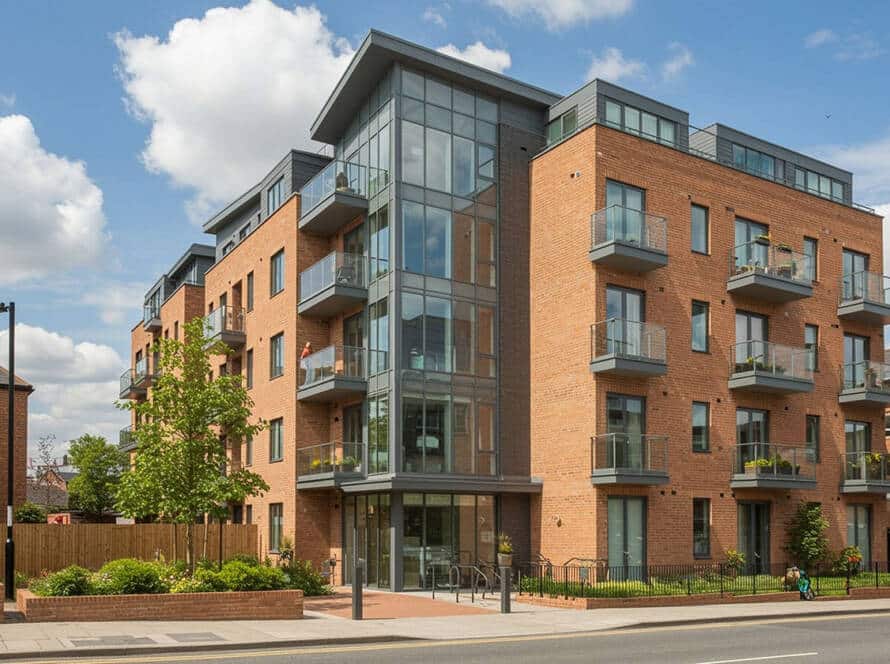 Image of a modern brick apartment building with large glass windows, multiple balconies, and landscaped greenery along a quiet street.
