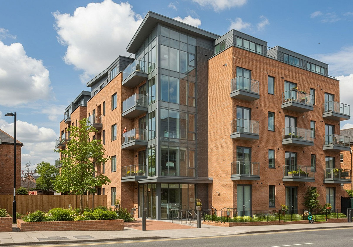 Image of a modern brick apartment building with large glass windows, multiple balconies, and landscaped greenery along a quiet street.