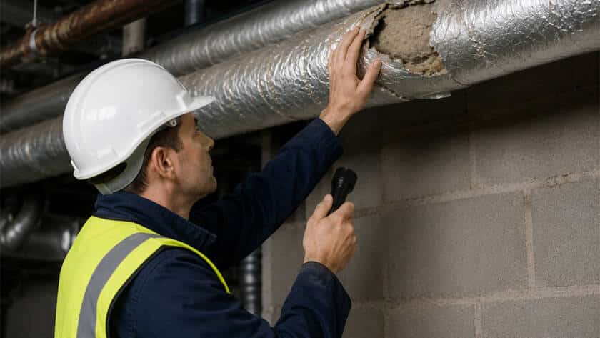 Image of a man in a hard hat looking at some pipework when managing asbestos in a building