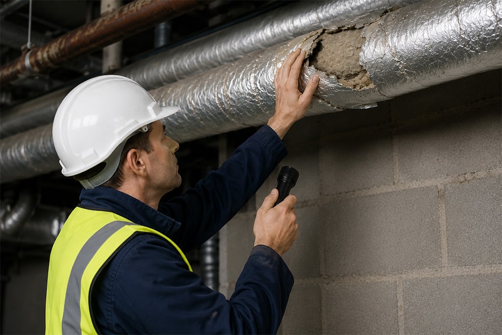 Image of a man in a hard hat looking at some pipework when managing asbestos in a building